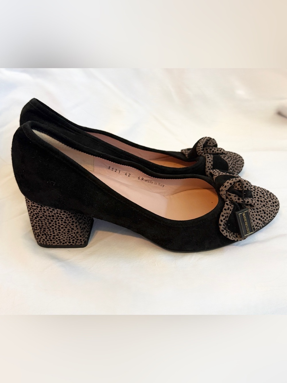 Italian Made Ferca 81 Black Suede Block Heel Pumps with Speckled Bow Accent